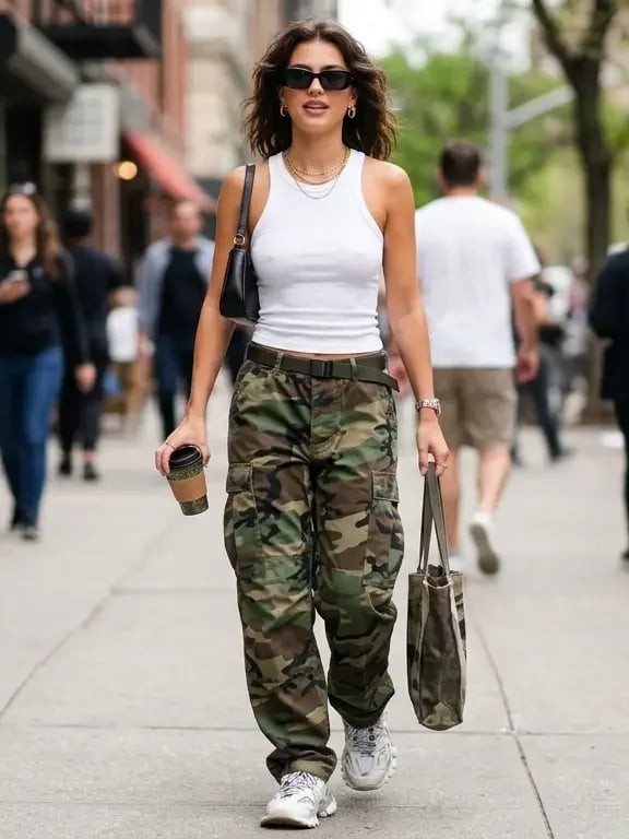 Camouflage Cargo Pants with White Tank Top and Sneakers Camouflage Cargo Pants with White Tank Top and Sneakers — Classy Baddie Outfits