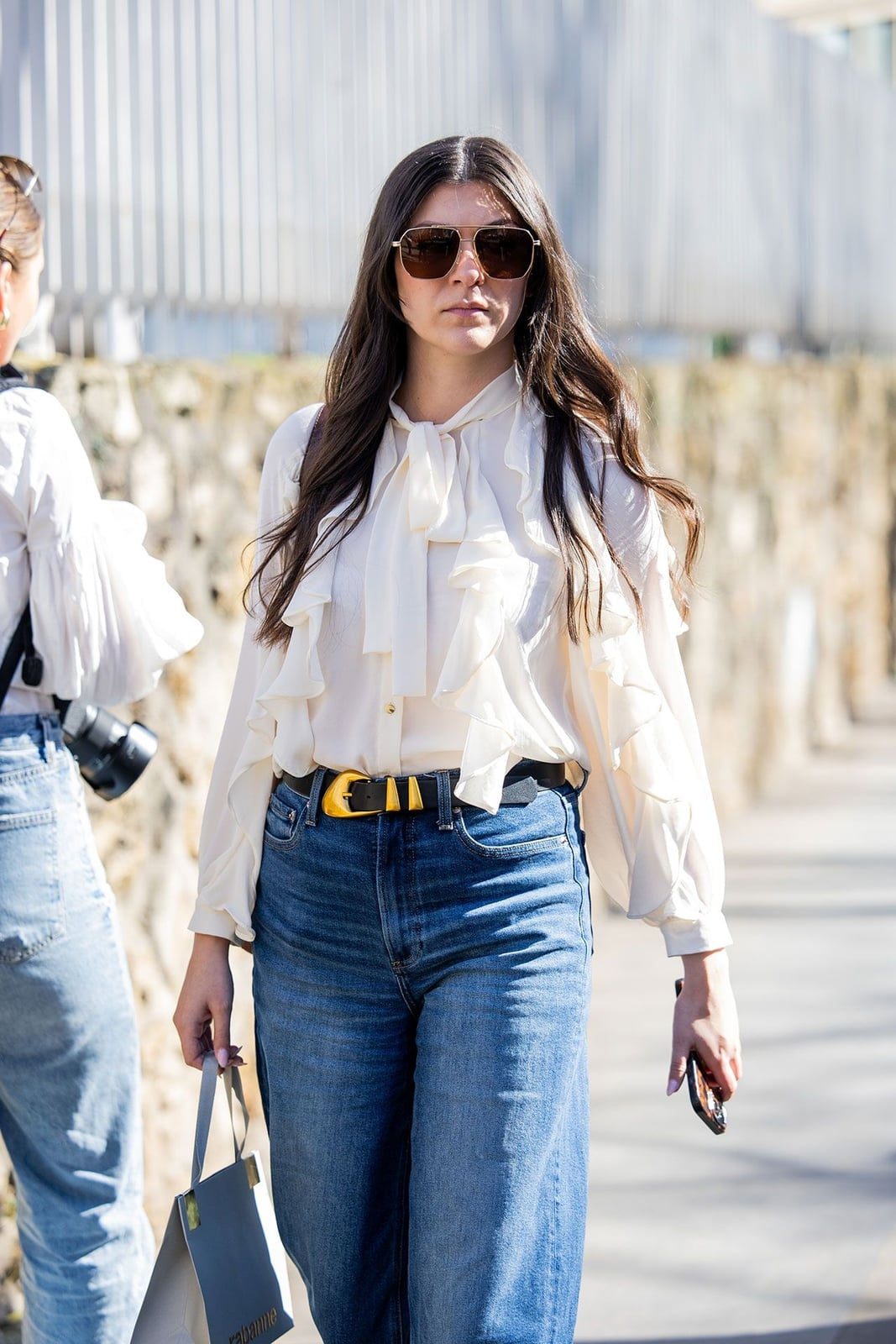 Blue Jeans with Ruffled Blouse and Loafers — Classy Baggy Outfits