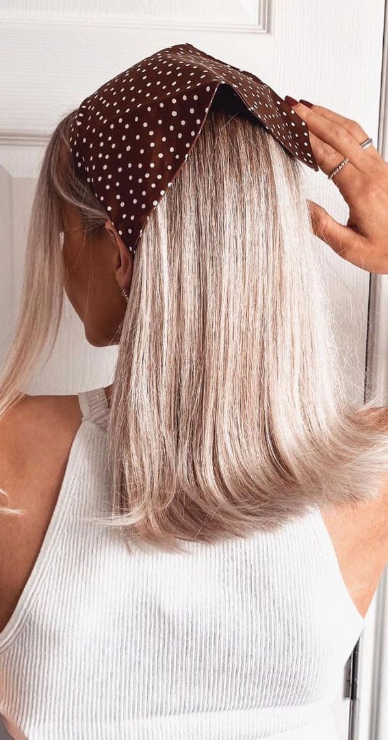 Collarbone Blunt Cut Ash Blonde With Polka Dot Bandana — Classy Bandana Hair