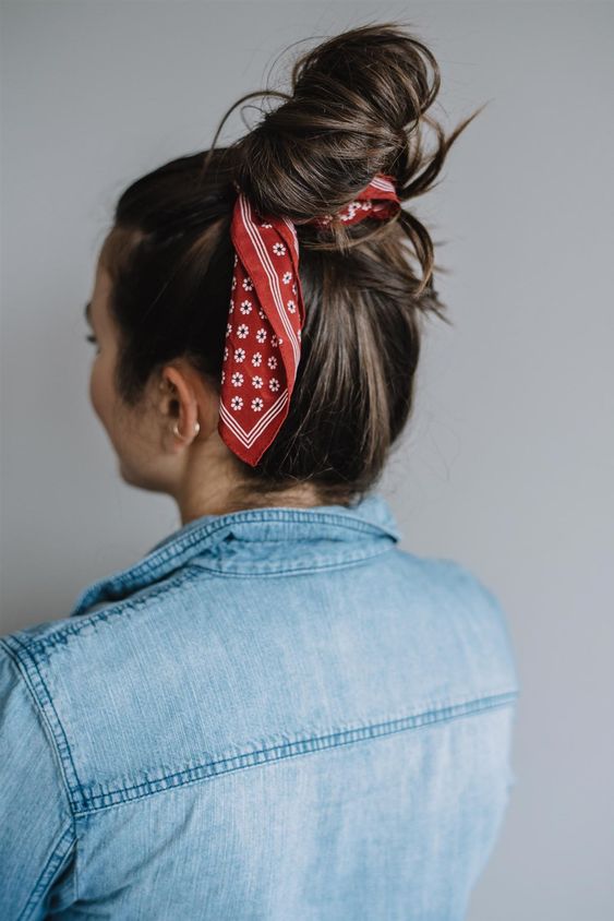Shoulder Length Messy Bun With Red Bandana — Classy Bandana Hair