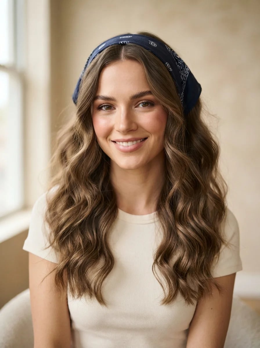 Collarbone Wavy Hair Blowout With Bandana Headband — Classy Bandana Hair