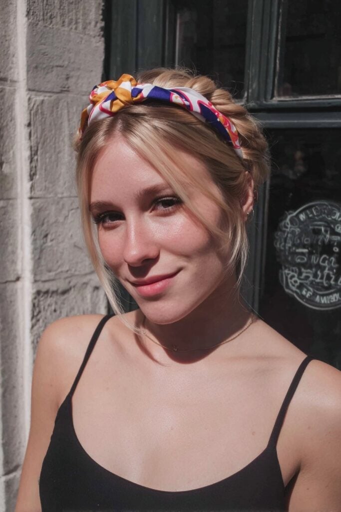 Blonde Braided Updo With Colorful Scarf Headband — Classy Bandana Hair
