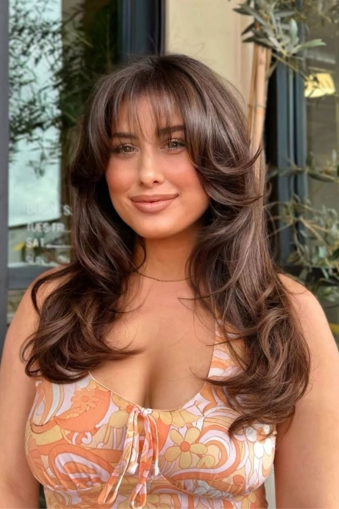 Mid-Back Layers With Balayage Curtain Bangs Mid-Back Layers With Balayage Curtain Bangs — Classy Bangs for Round Face