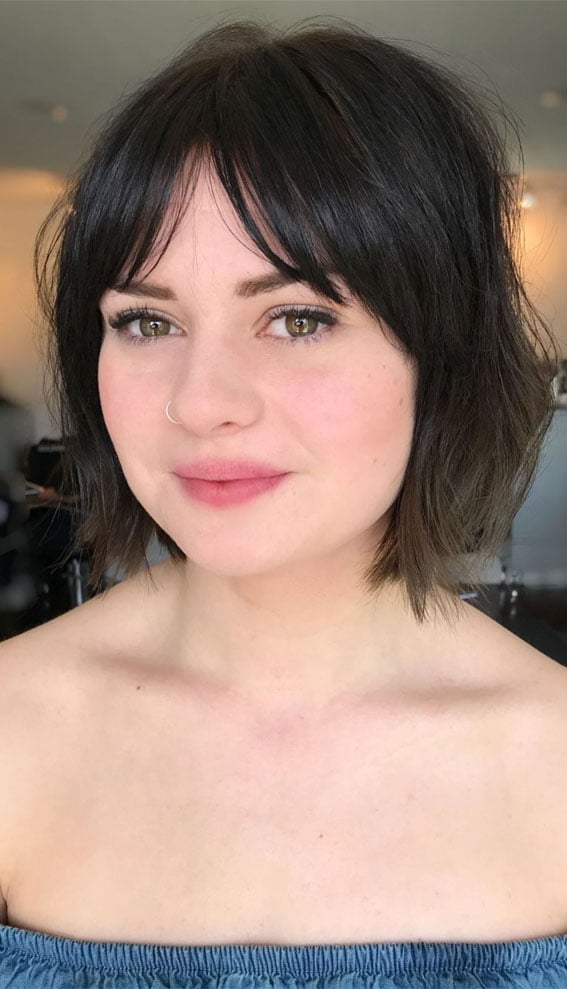 Chin Length Bob With Soft Curtain Bangs, Low-Key Version Chin Length Bob With Soft Curtain Bangs, Low-Key Version — Classy Bangs for Round Face