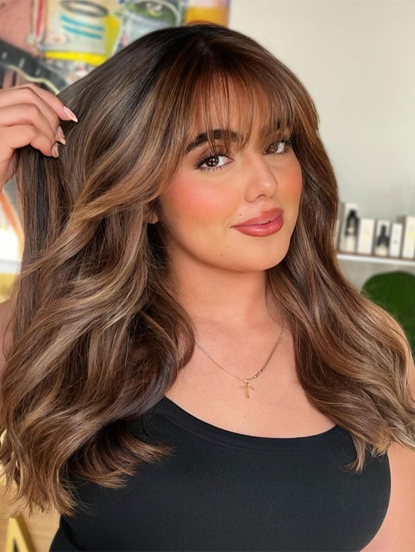 Mid-Back Layers With Full Bangs and Dark Brown With Blonde Highlights Mid-Back Layers With Full Bangs and Dark Brown With Blonde Highlights — Classy Bangs for Round Face