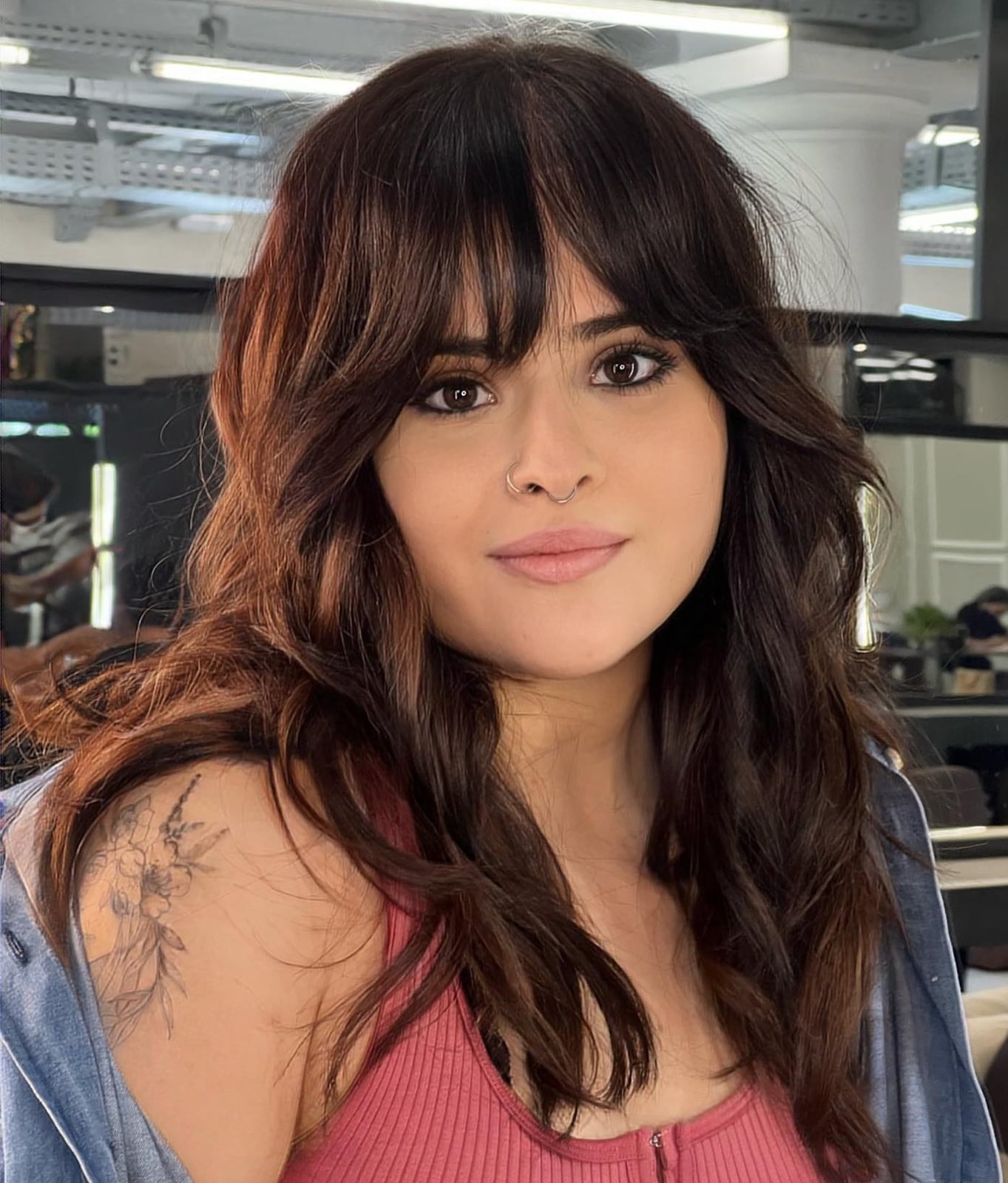 Mid-Back Layers With Textured Wispy Bangs, Wavy Mid-Back Layers With Textured Wispy Bangs, Wavy — Classy Bangs for Round Face