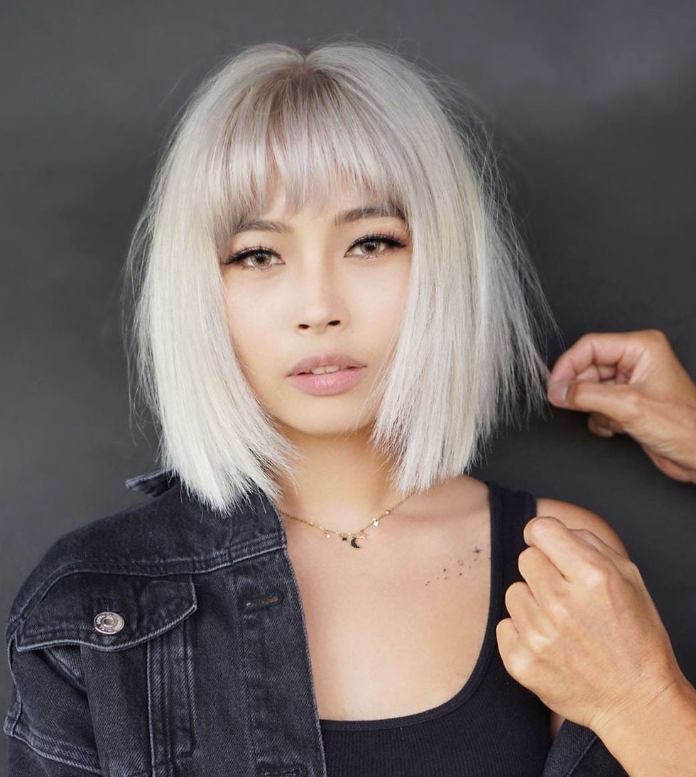 Chin Length Platinum Bob With Blunt Bangs, Office-Safe Version Chin Length Platinum Bob With Blunt Bangs, Office-Safe Version — Classy Bangs for Round Face