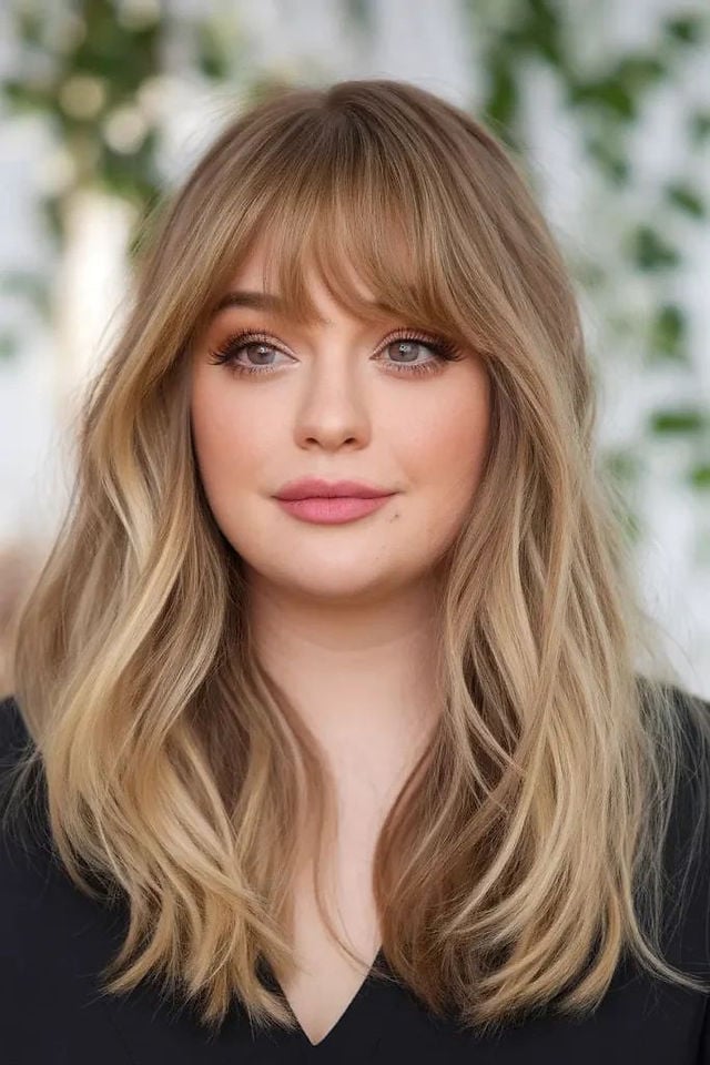 Shoulder Length Layers With Sweeping Curtain Bangs Shoulder Length Layers With Sweeping Curtain Bangs — Classy Bangs for Round Face