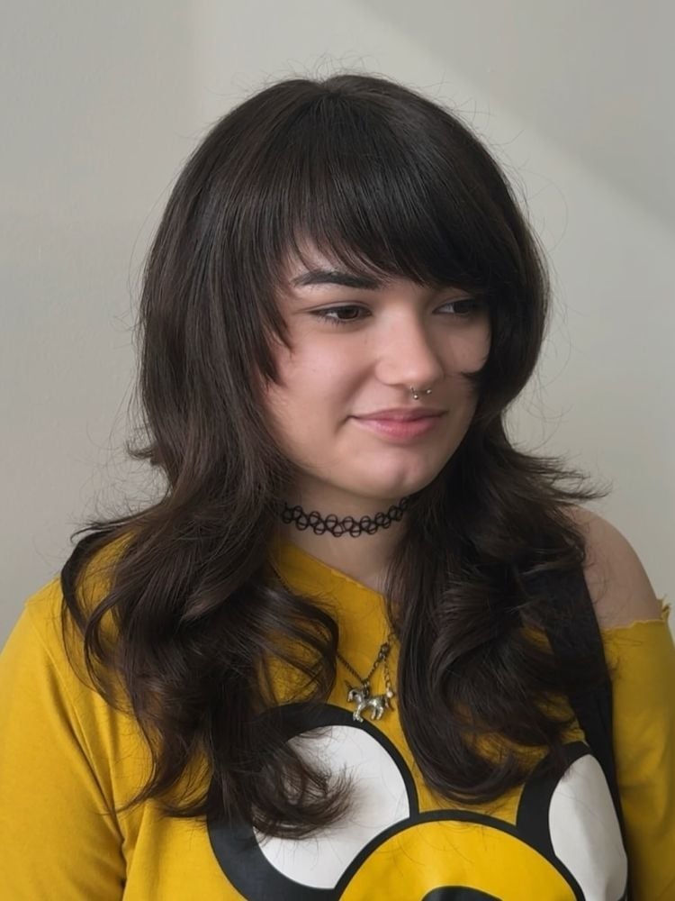 Mid-Back Layers With Curtain Bangs, Dark Brown Mid-Back Layers With Curtain Bangs, Dark Brown — Classy Bangs for Round Face