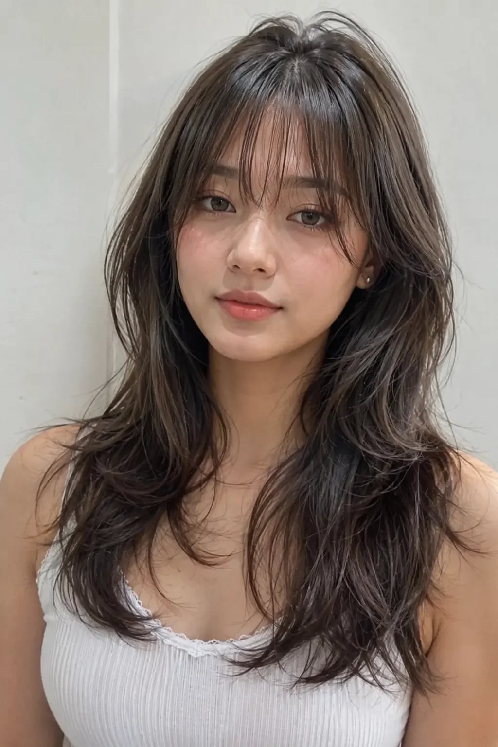 Mid-Back Layers With Wispy Bangs Mid-Back Layers With Wispy Bangs — Classy Bangs for Round Face