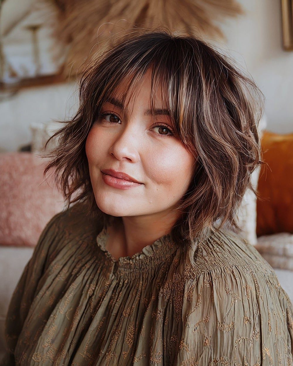 Chin Length Shag Bob With Wispy Bangs Chin Length Shag Bob With Wispy Bangs — Classy Bangs for Round Face