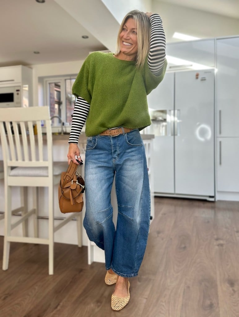 Blue Barrel Jeans With Layered Sweaters And Brown Belt Blue Barrel Jeans With Layered Sweaters And Brown Belt — Classy Barrel Jeans Outfits