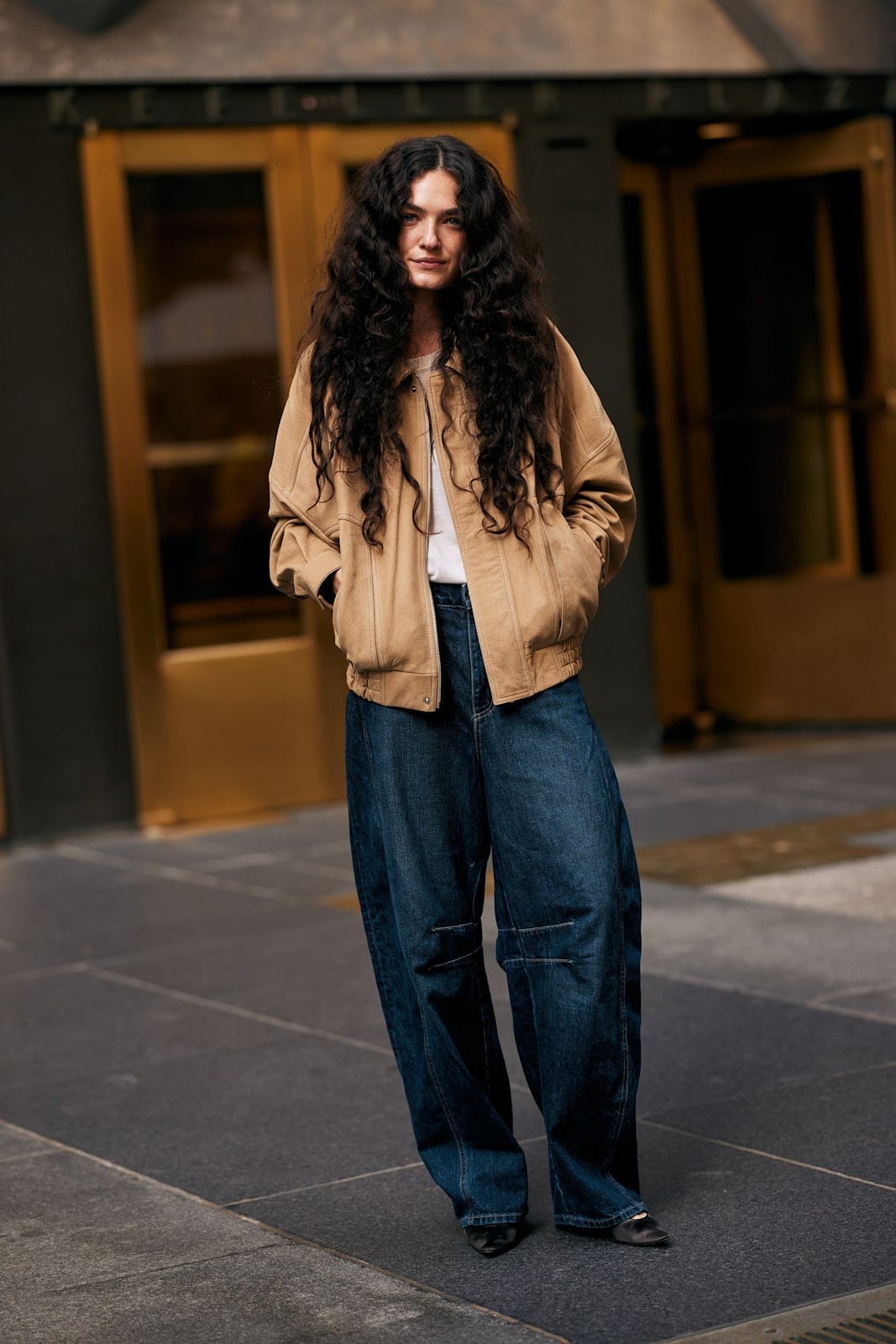 Dark Wash Wide Leg Jeans With Tan Bomber Jacket Dark Wash Wide Leg Jeans With Tan Bomber Jacket — Classy Barrel Jeans Outfits