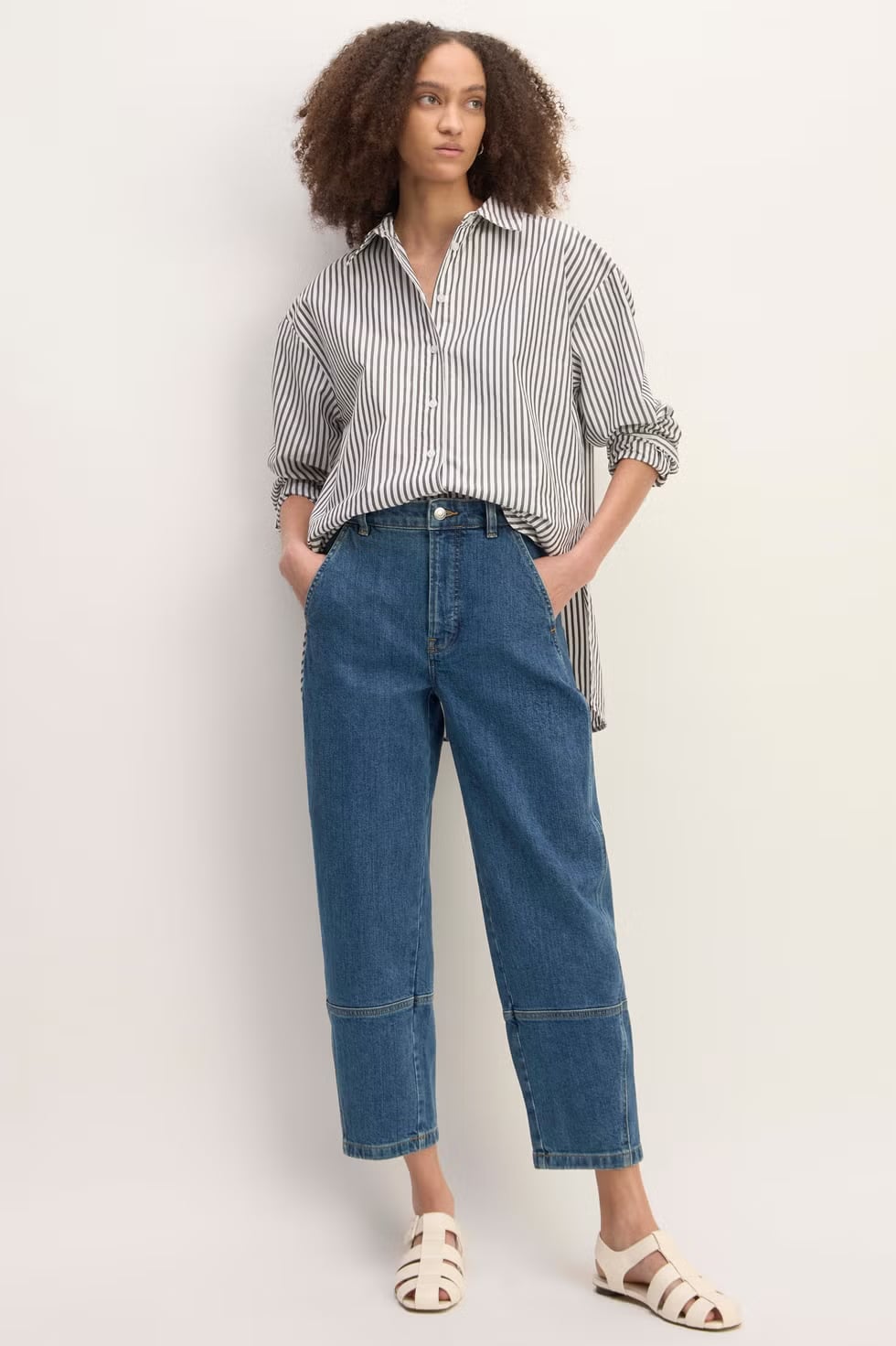 Medium Blue Barrel Jeans With Striped Button-Down Shirt, Close-Up Take Medium Blue Barrel Jeans With Striped Button-Down Shirt, Close-Up Take — Classy Barrel Jeans Outfits