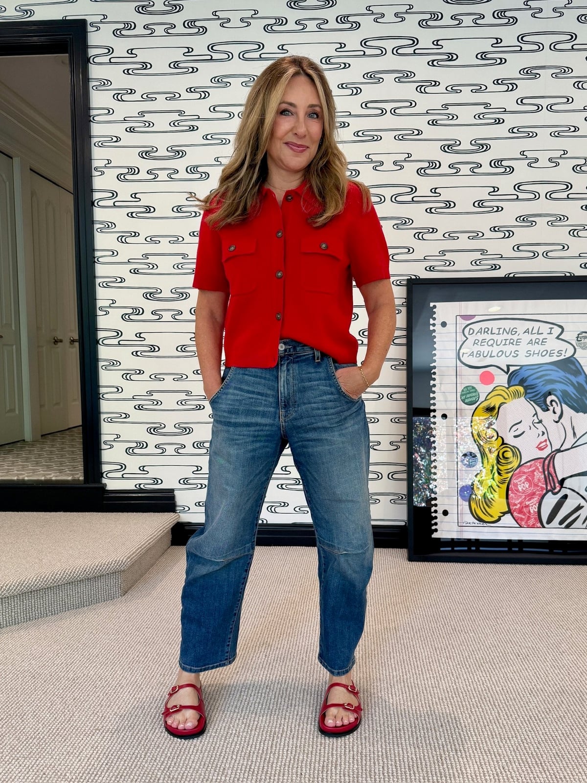 Blue Barrel Jeans With Red Collared Shirt And Sandals Blue Barrel Jeans With Red Collared Shirt And Sandals — Classy Barrel Jeans Outfits
