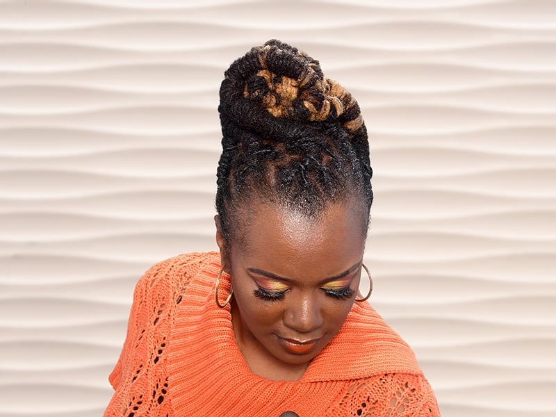 Mid-Length Twisted Updo With Blonde Highlights Mid-Length Twisted Updo With Blonde Highlights — Classy Barrel Locs