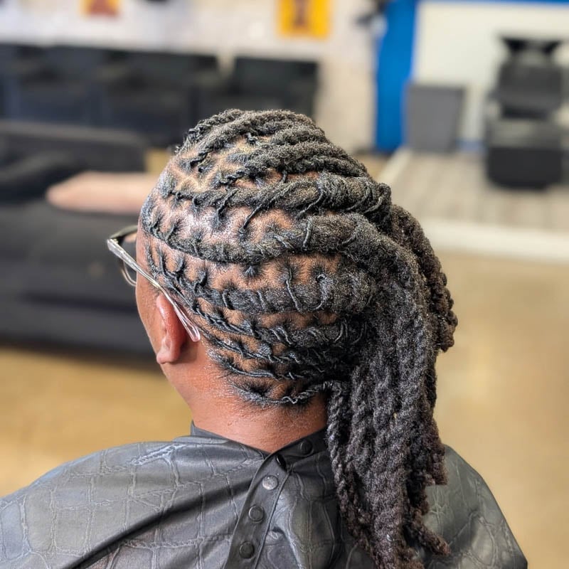 Mid-Back Coily Barrel Locs In Grid Pattern Mid-Back Coily Barrel Locs In Grid Pattern — Classy Barrel Locs