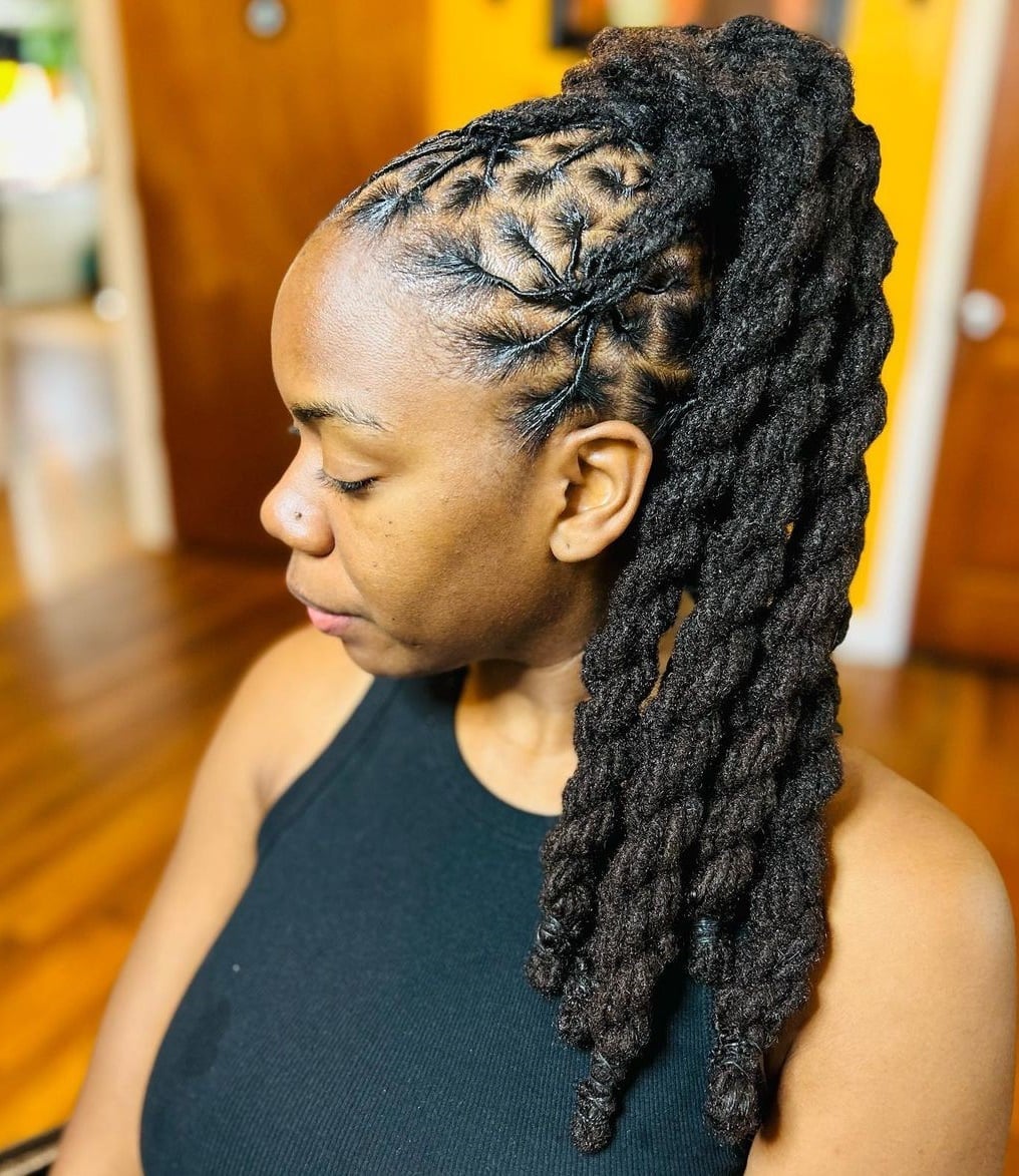 Long Dark Brown High Ponytail With Scalp Design Long Dark Brown High Ponytail With Scalp Design — Classy Barrel Locs