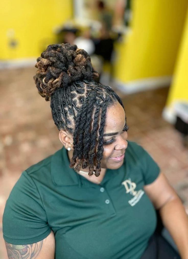 Long High Bun With Face-Framing Blonde Tendrils Long High Bun With Face-Framing Blonde Tendrils — Classy Barrel Locs