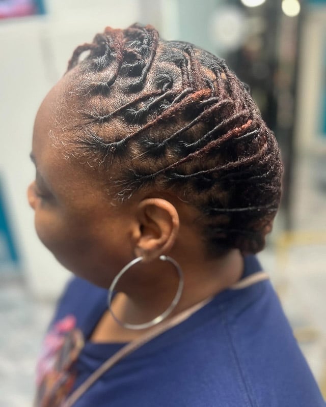 Short Barrel Twists With Red Highlights Short Barrel Twists With Red Highlights — Classy Barrel Locs