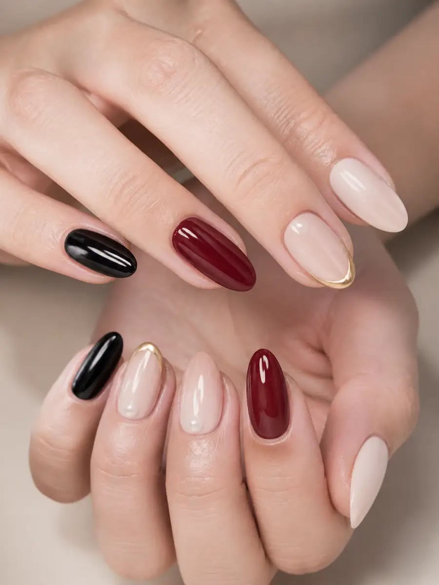 Color Block Almond with Gold Outline — Classy Basic Nails