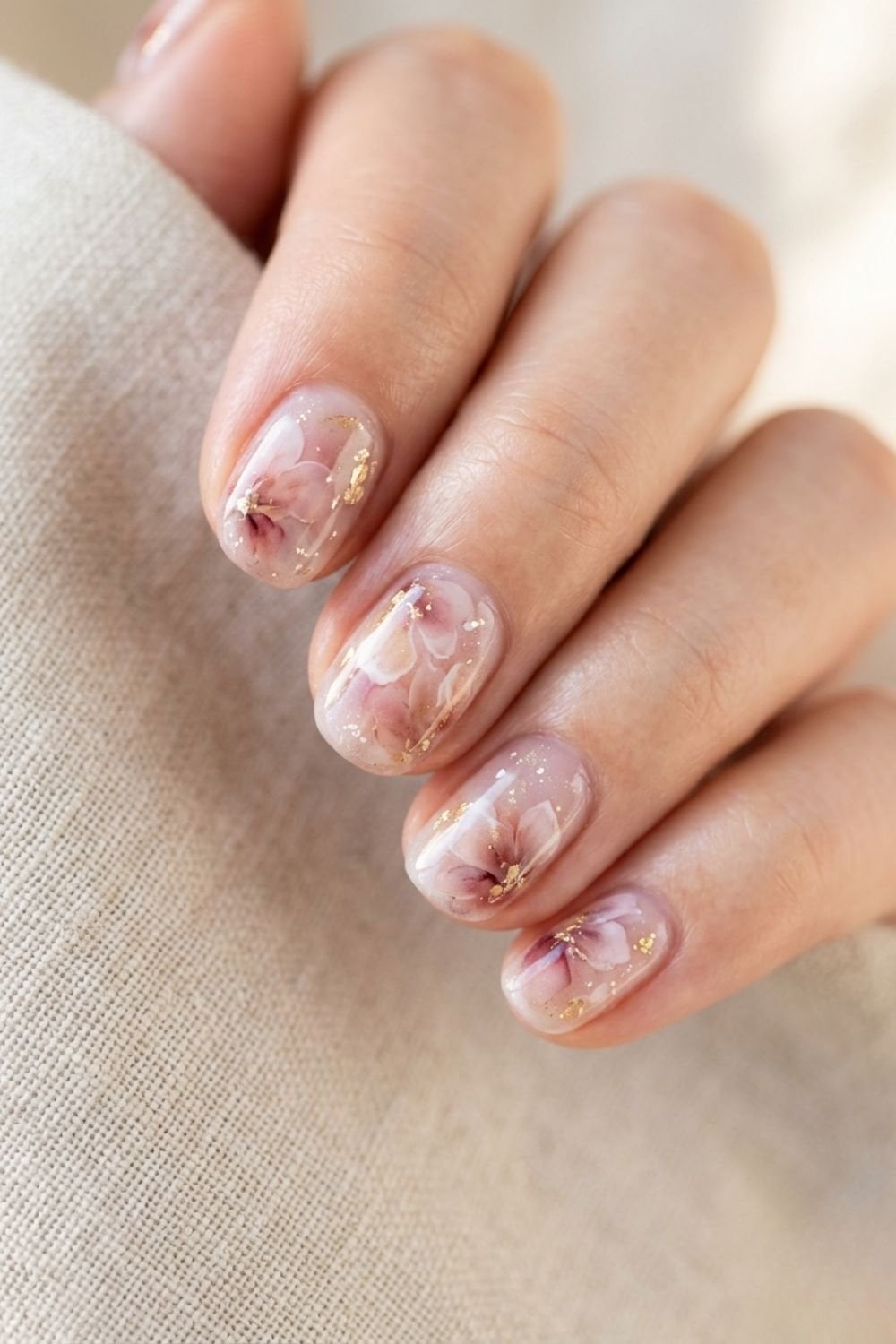 Sheer Pink Floral Almond Nails — Classy Basic Nails