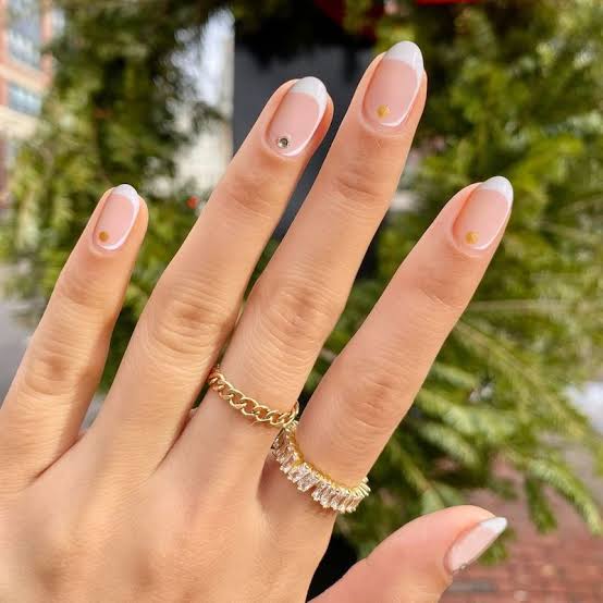 Nude French Almond with Gold Dot Accents — Classy Basic Nails