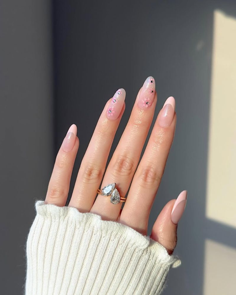 Pastel Pink French Almond with Heart Rhinestones — Classy Basic Nails