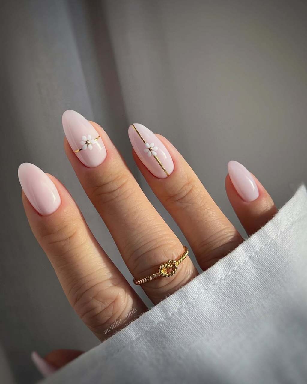 Milky Pink Flower and Gold Stripe Almond Nails — Classy Basic Nails