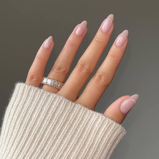 Nude Almond with Silver Edge Line — Classy Basic Nails