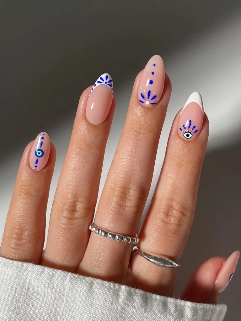 Nude Blue Evil Eye French Almond Nails — Classy Basic Nails