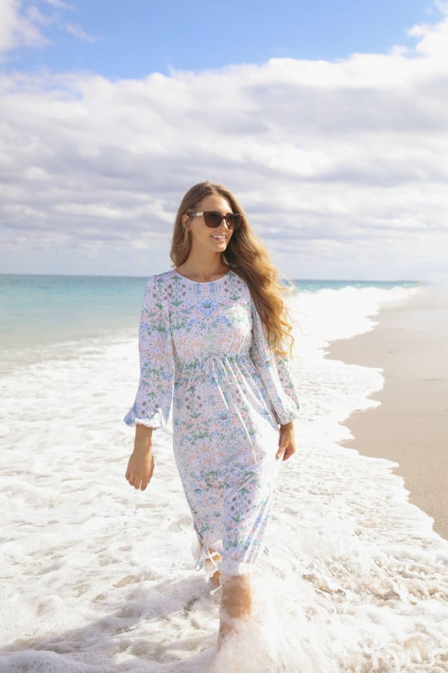 Floral Maxi Dress with Bell Sleeves and Beach Waves — Classy Beach Waves