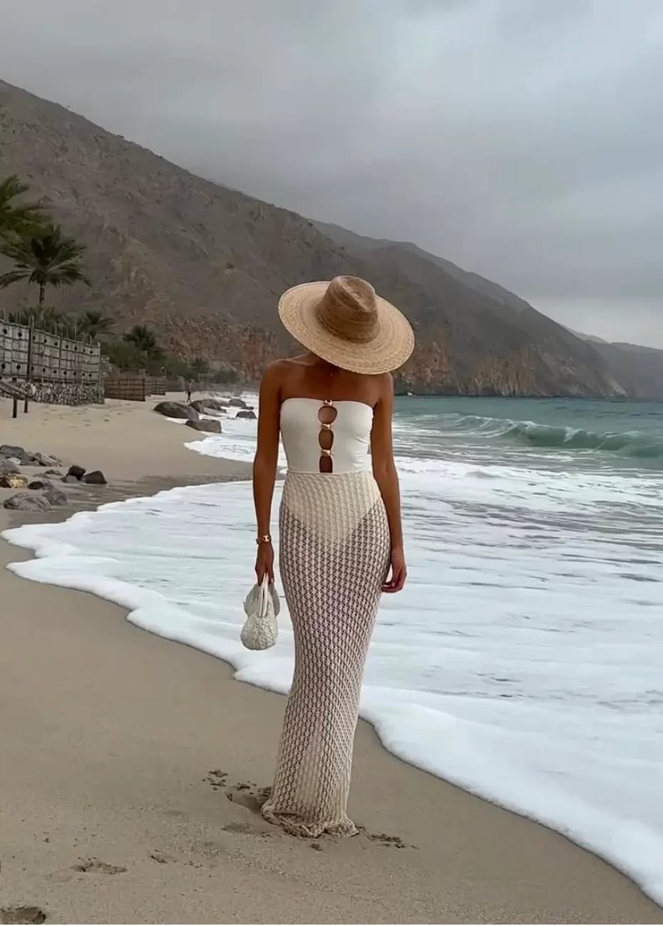 White Swimsuit with Crocheted Maxi Skirt, Office-Safe Version — Classy Beach Waves