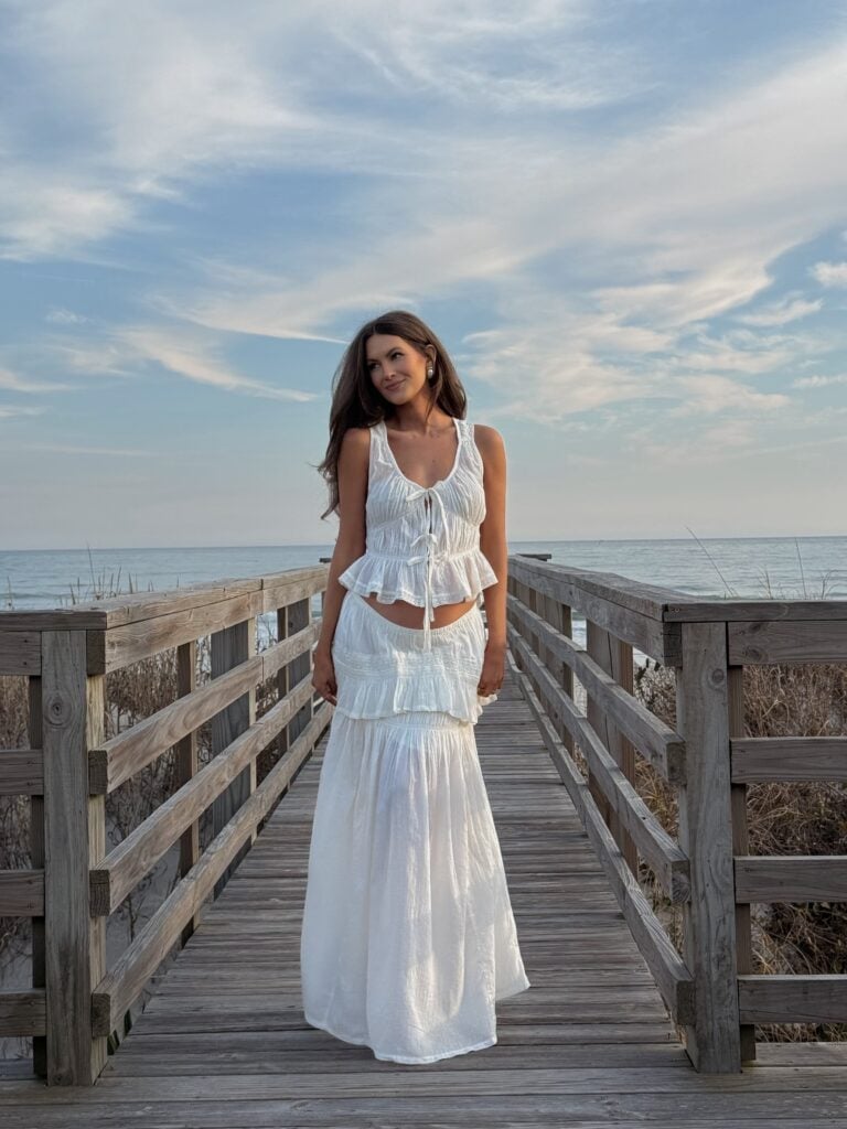 White Two-Piece Set with Tie-Front Top and Tiered Skirt — Classy Beach Waves