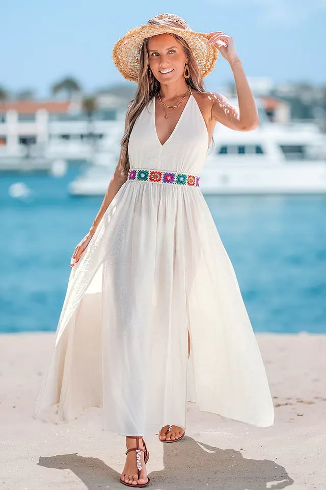 White Maxi Dress with Embroidered Belt and Beach Waves, Close-Up Take — Classy Beach Waves