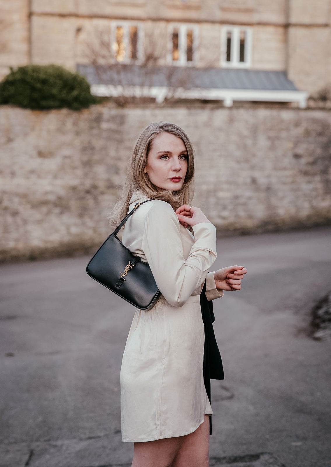 Beige Satin Mini Dress with a Dark Blazer Beige Satin Mini Dress with a Dark Blazer — Classy Beige Outfits