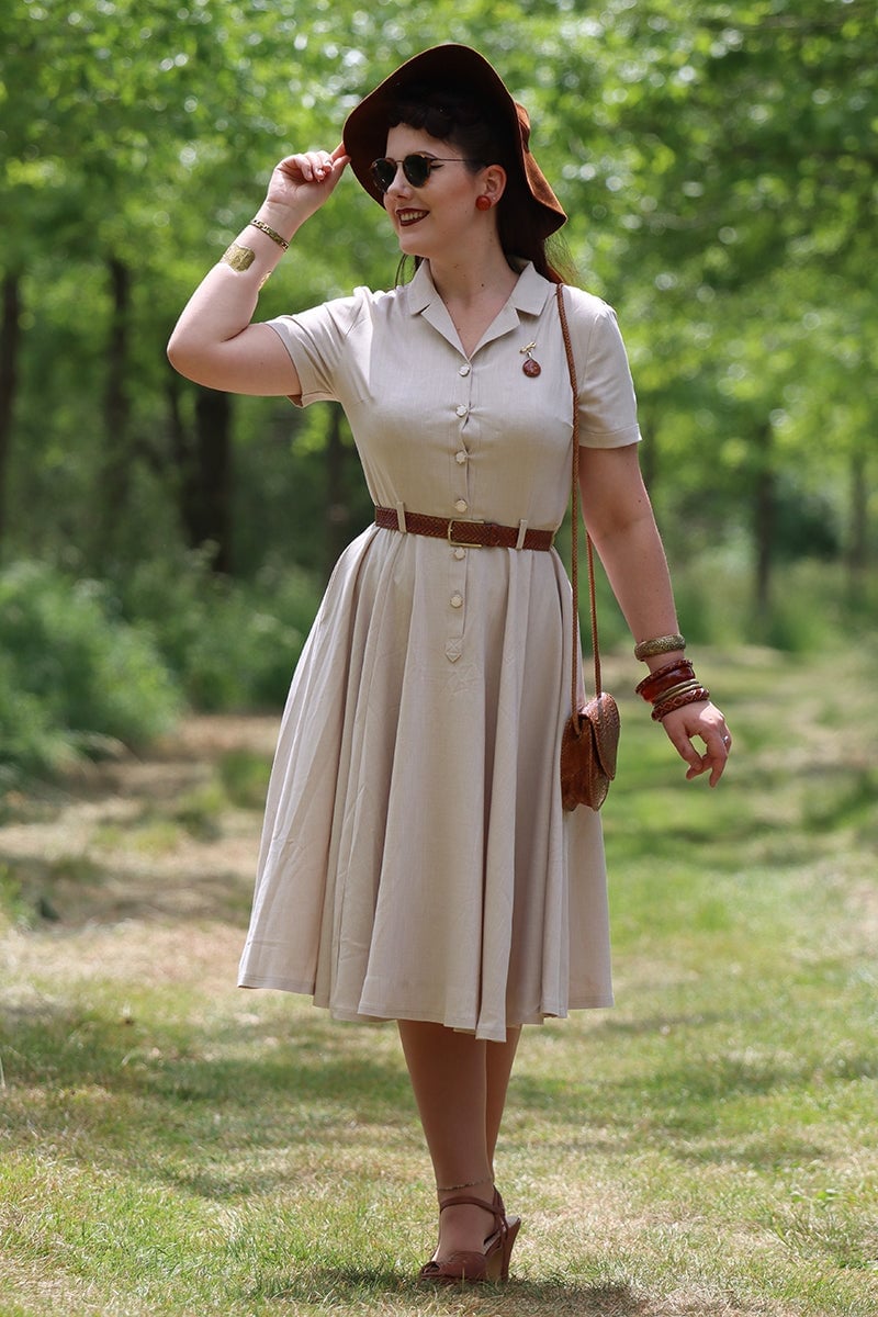 Beige Shirt Dress with Brown Accessories, Linen-Like Beige Shirt Dress with Brown Accessories, Linen-Like — Classy Beige Outfits