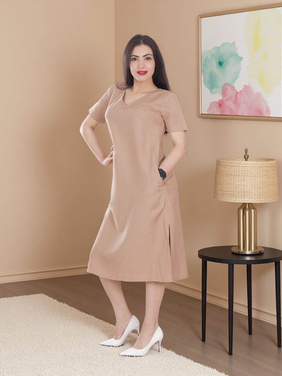 Beige Linen-Like Midi Dress with V-neck and White High Heels Beige Linen-Like Midi Dress with V-neck and White High Heels — Classy Beige Outfits