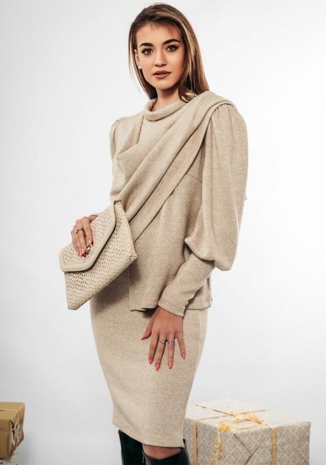 Beige Knitted Set with Cowl Neck Top Beige Knitted Set with Cowl Neck Top — Classy Beige Outfits