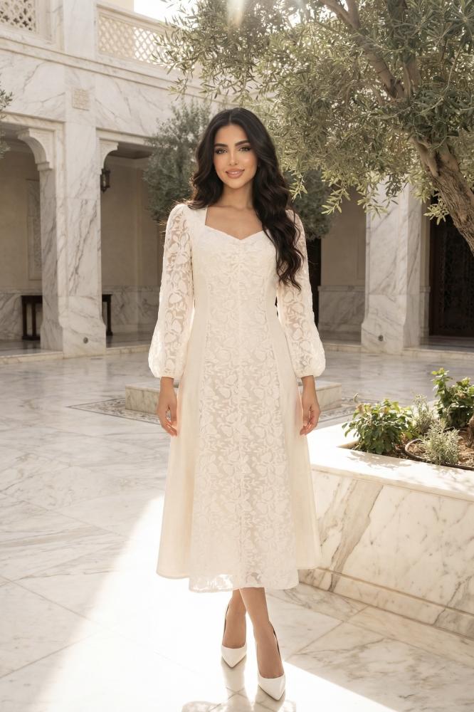 Elegant Beige Midi Dress with Lace Details and Pointed Toe Pumps Elegant Beige Midi Dress with Lace Details and Pointed Toe Pumps — Classy Beige Outfits