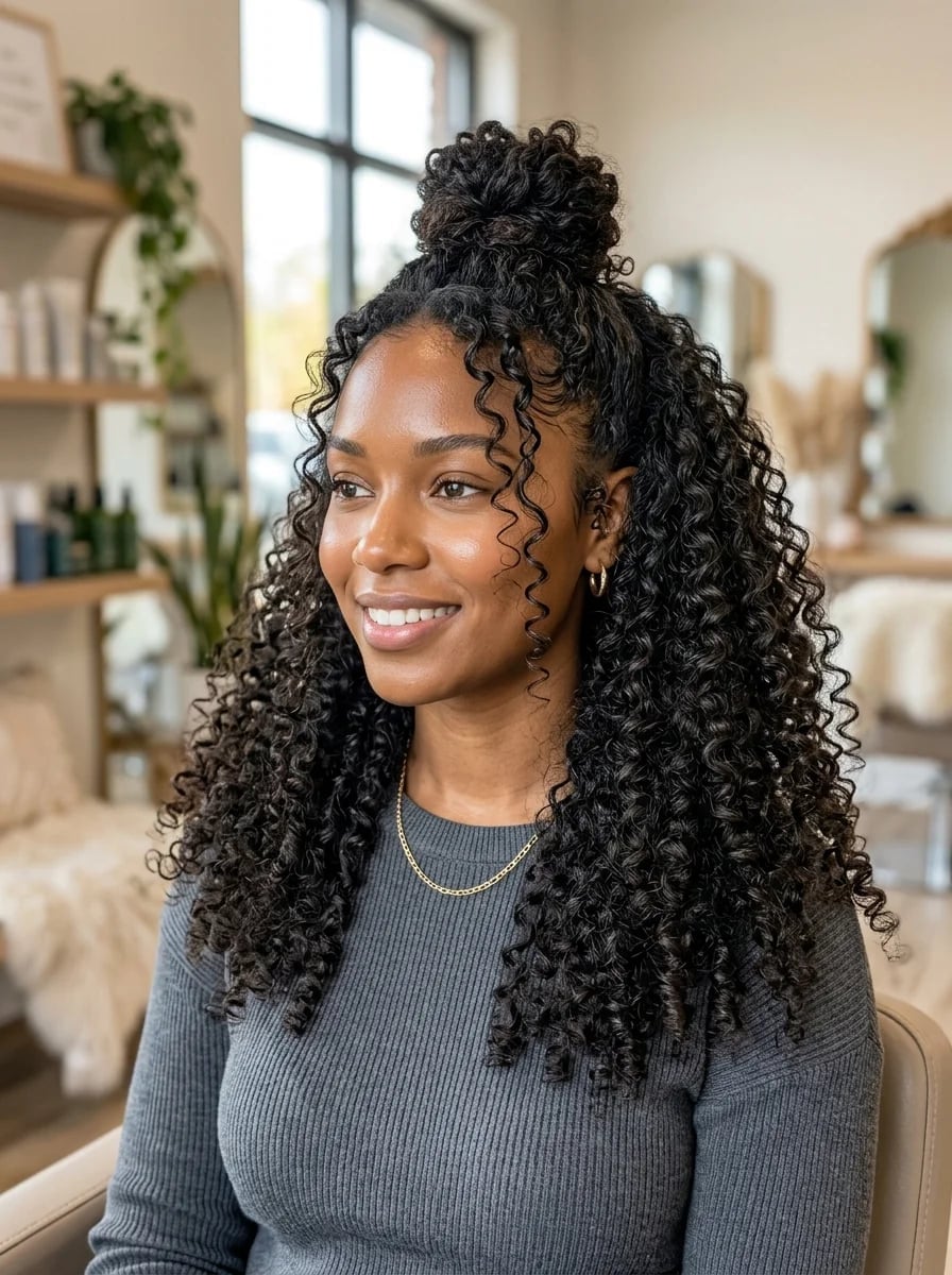 Mid-Back With Half-Up Bun — Classy Black Curly Hair