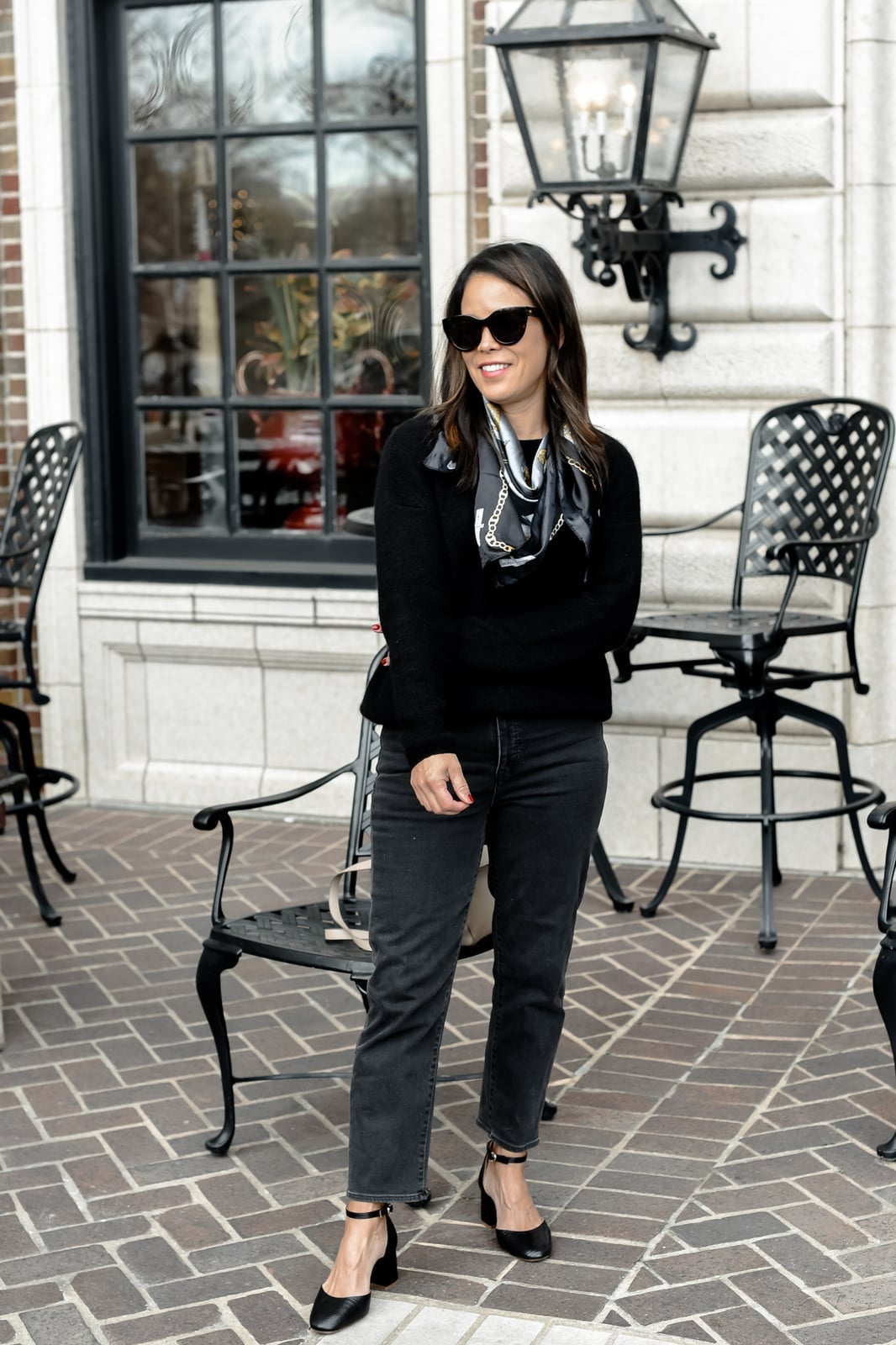 Straight Leg Black Jeans with a Printed Scarf Straight Leg Black Jeans with a Printed Scarf — Classy Black Jeans Outfits