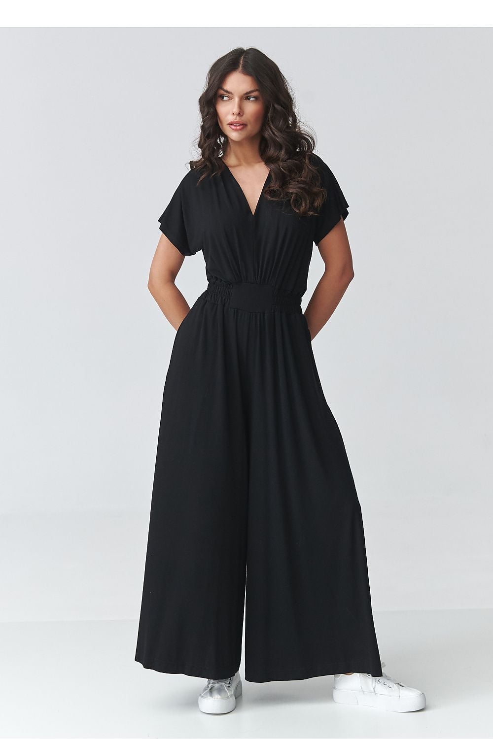 Wide-Leg Jumpsuit With V-Neck and Elasticated Waist — Classy Black Jumpsuit Outfit
