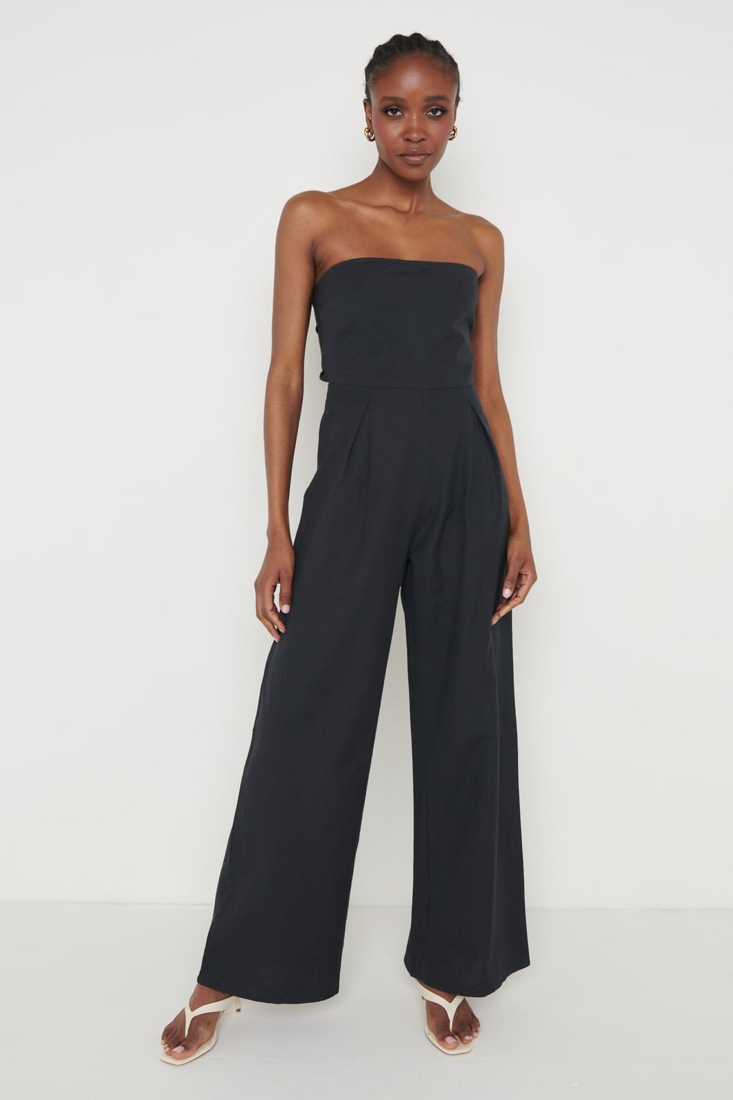 Strapless Bandeau Jumpsuit With Linen-Like Fabric — Classy Black Jumpsuit Outfit