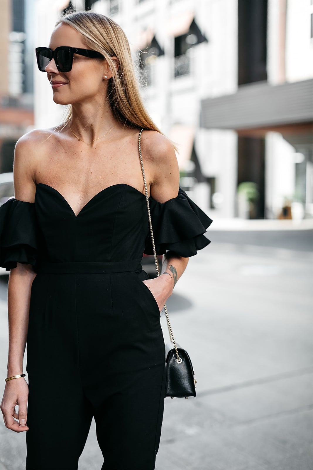 Off-Shoulder Jumpsuit With Voluminous Sleeves — Classy Black Jumpsuit Outfit