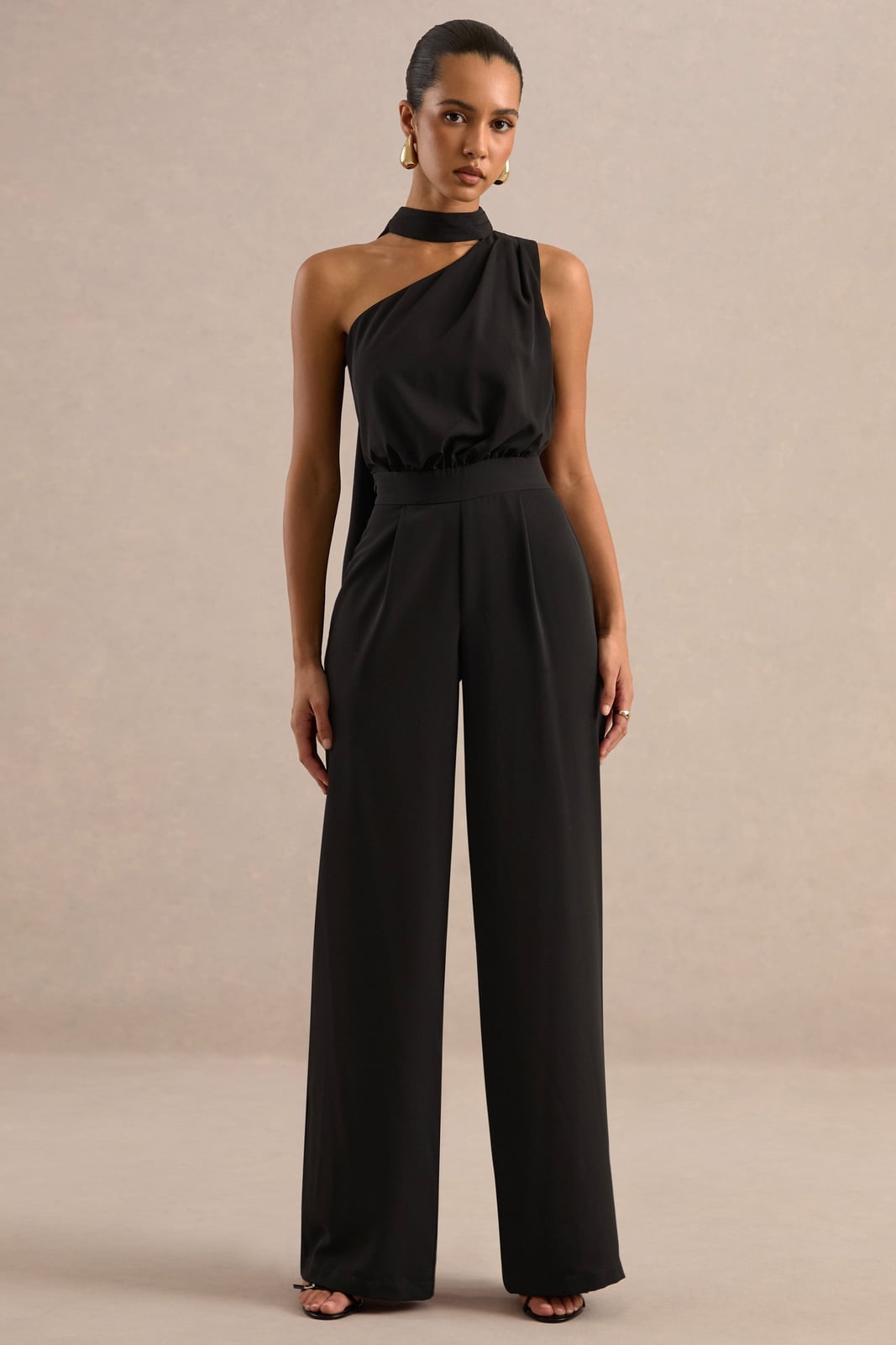 One-Shoulder Black Jumpsuit With Satin Fabric and Scarf Detail — Classy Black Jumpsuit Outfit