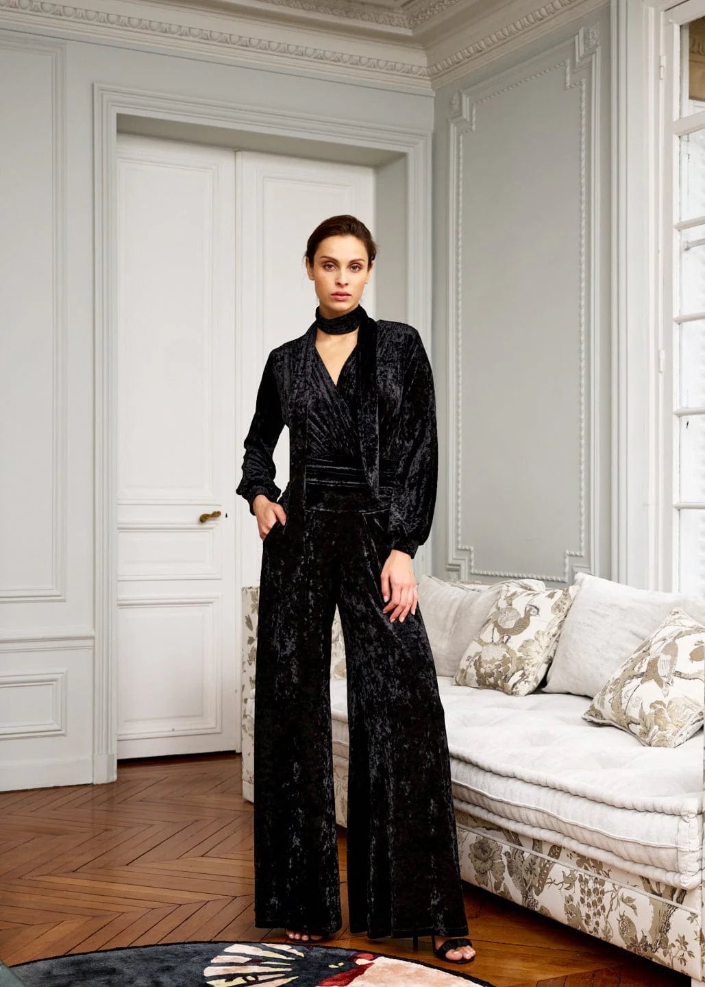Velvet Jumpsuit With Deep V-Neckline and Long Sleeves — Classy Black Jumpsuit Outfit