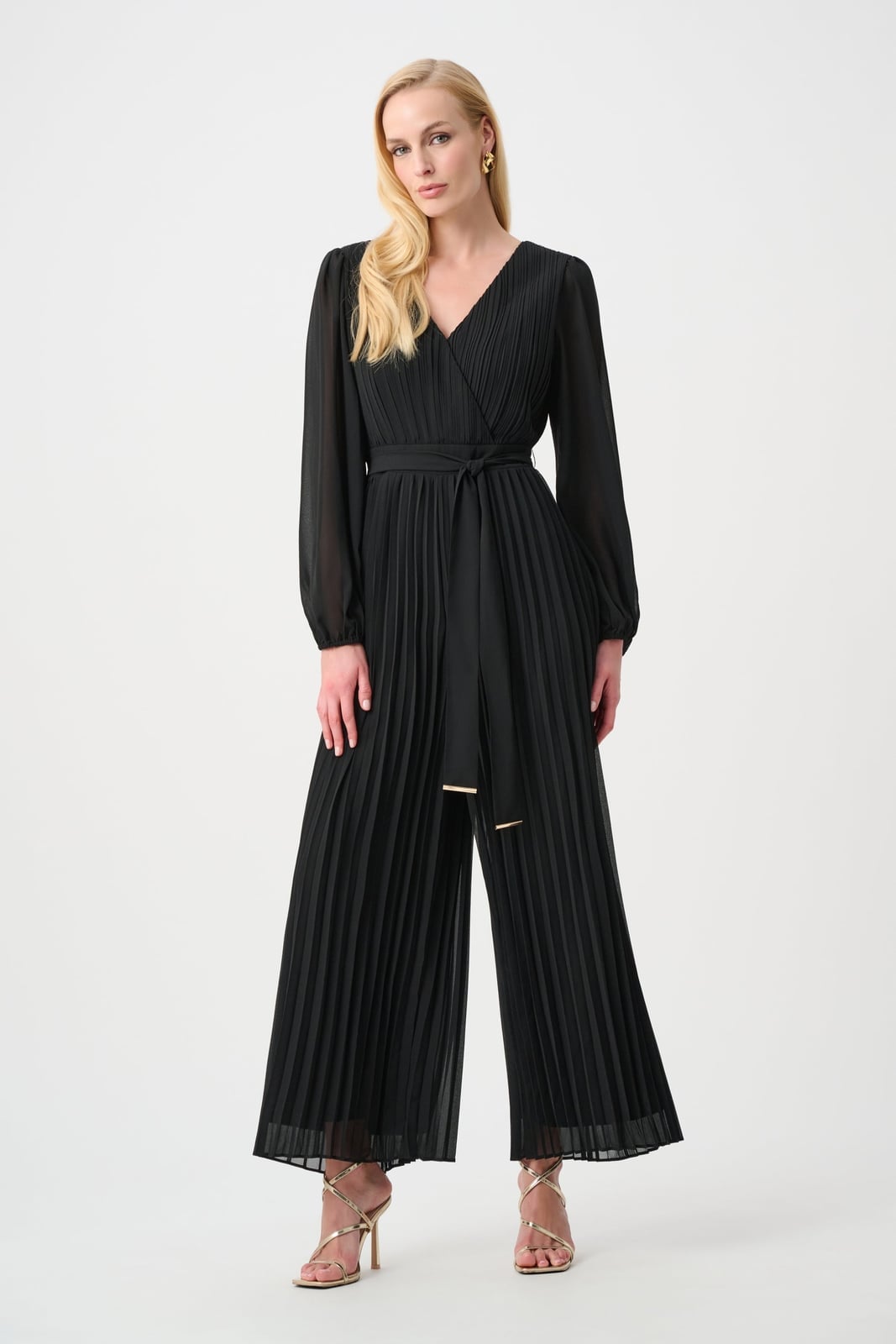 Pleated Chiffon Jumpsuit With Tie Belt and Gold Accents, Close-Up Take — Classy Black Jumpsuit Outfit
