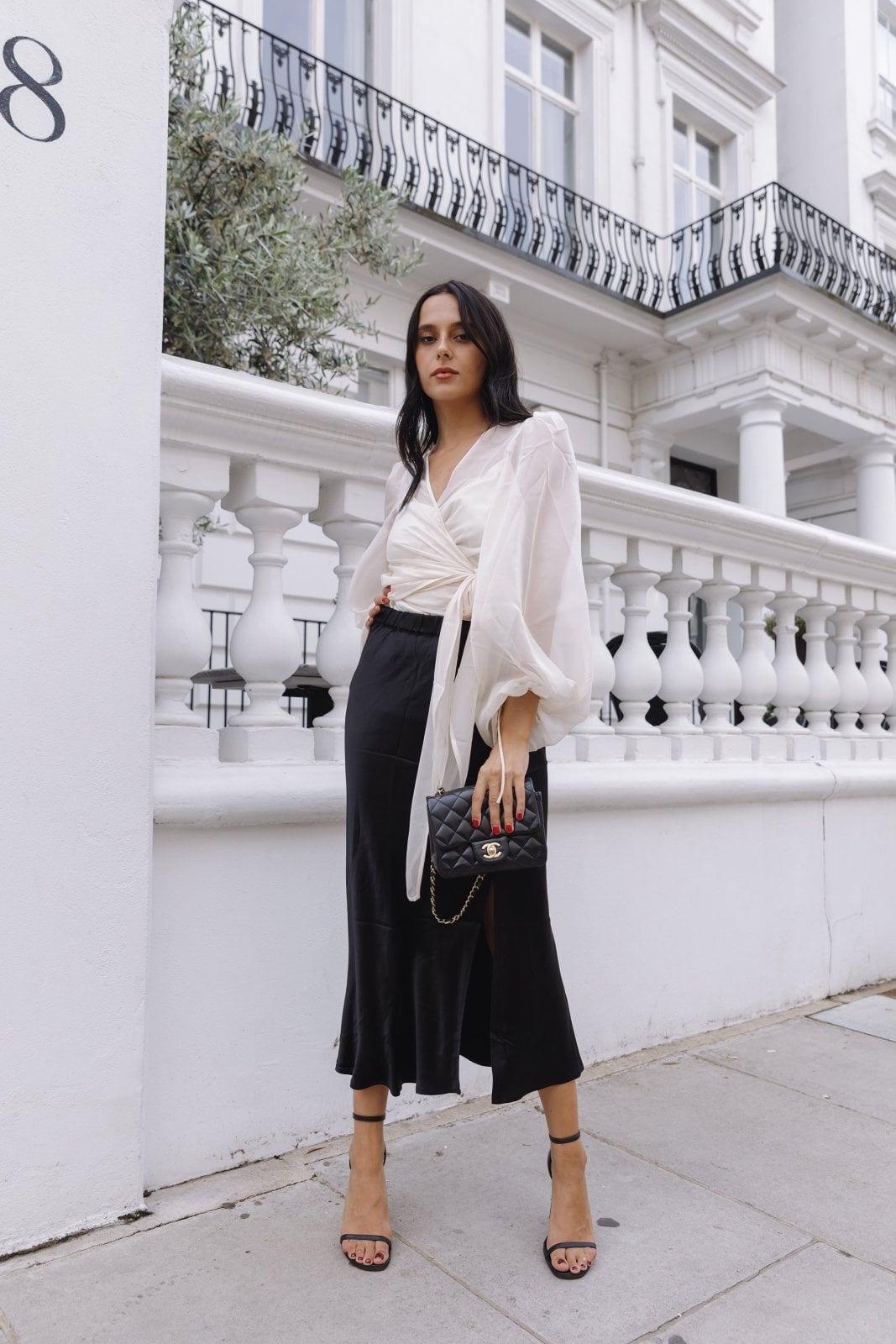 Black Satin Midi Skirt With Voluminous Blouse — Classy Black Midi Skirt Outfit