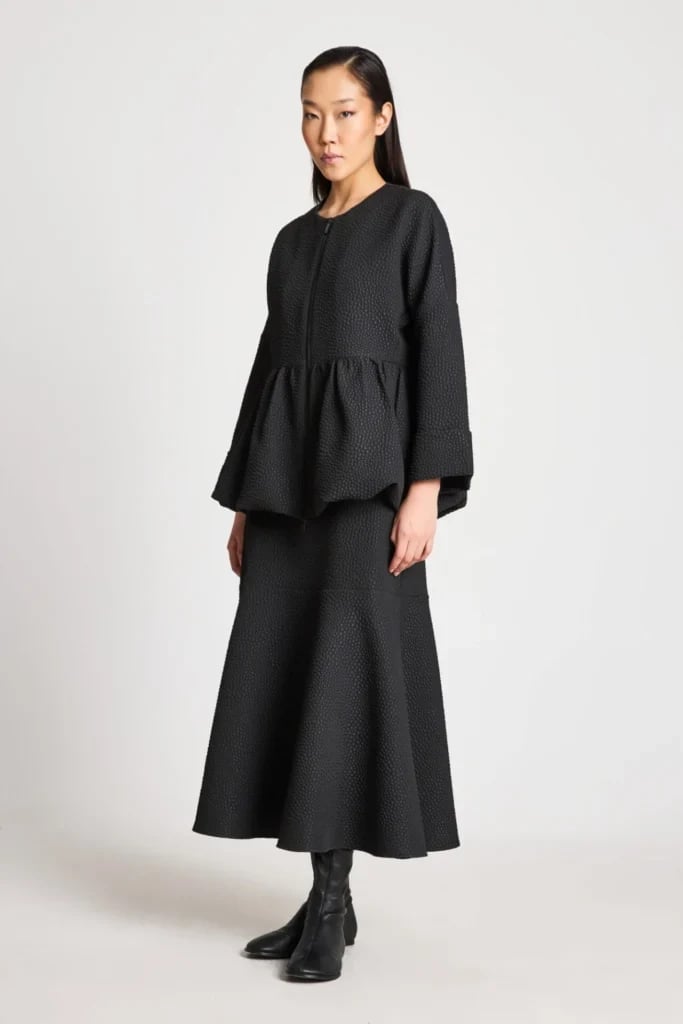 Textured Black Midi Skirt With Peplum Jacket — Classy Black Midi Skirt Outfit